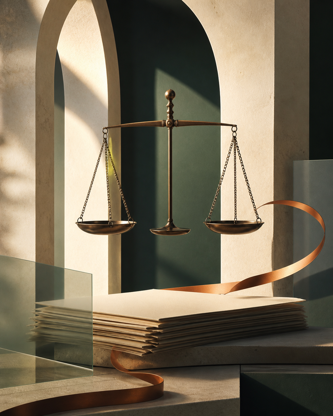 Bronze scales of justice framed by modern architectural arches