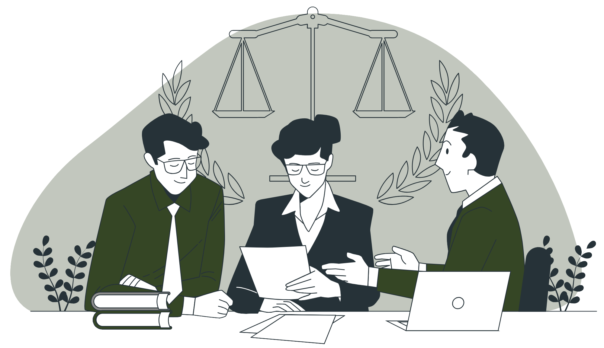 Legal professionals reviewing a matter together beneath balanced scales