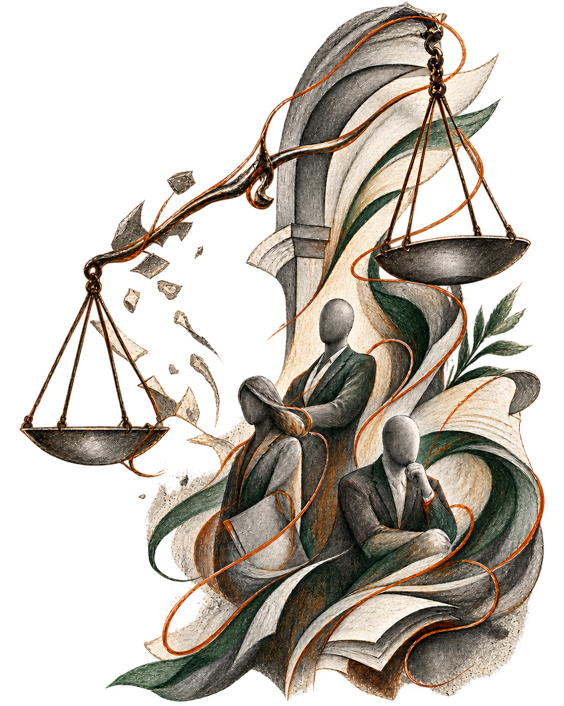 Graphite study of balance, legal papers and three abstract counsel figures